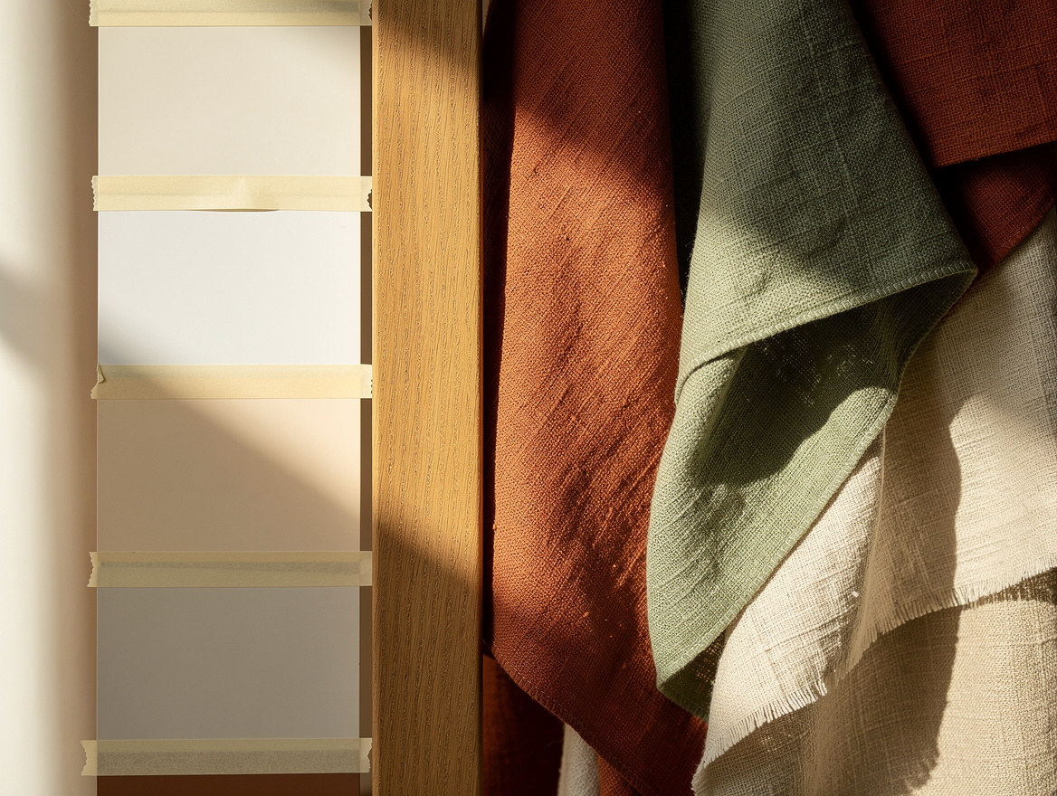 Close detail photo of large warm-white paint swatches taped beside oak trim and