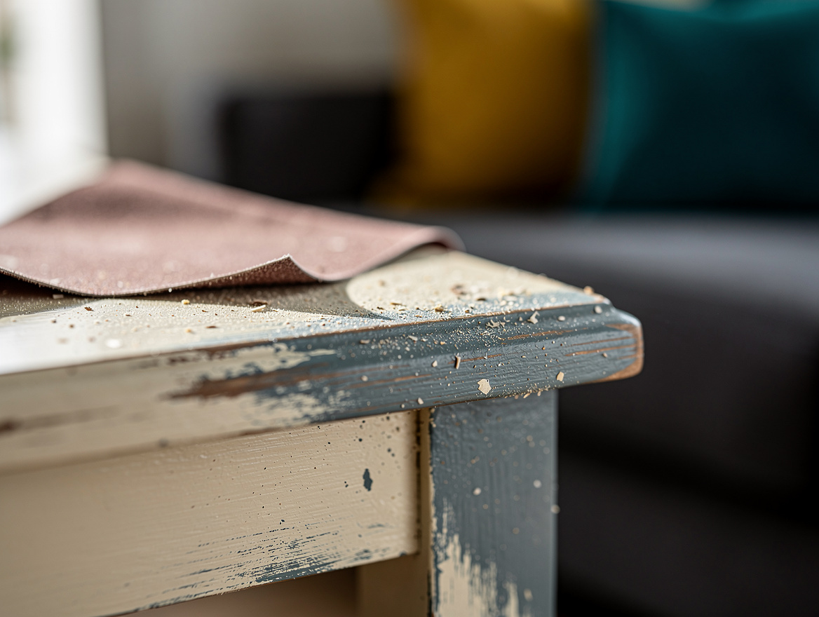 Detailed macro editorial photo of 180-grit sandpaper revealing a muted blue unde