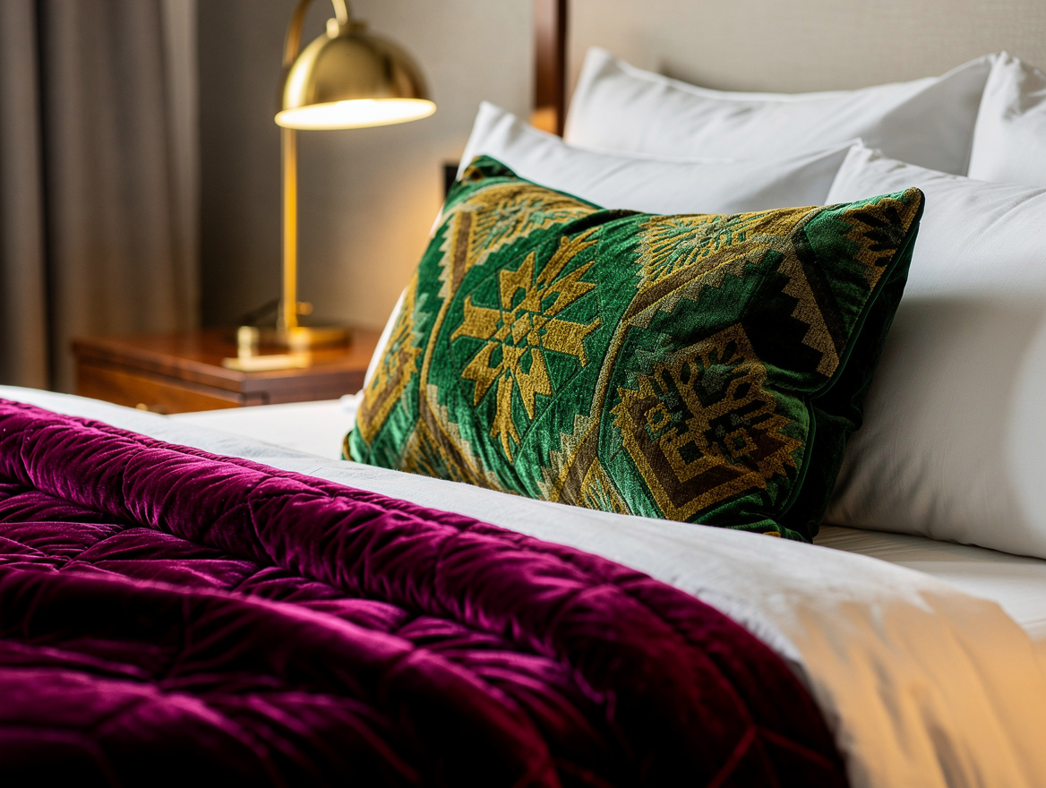 Close detail photo of a plum velvet quilt, warm white cotton sheets, patterned l