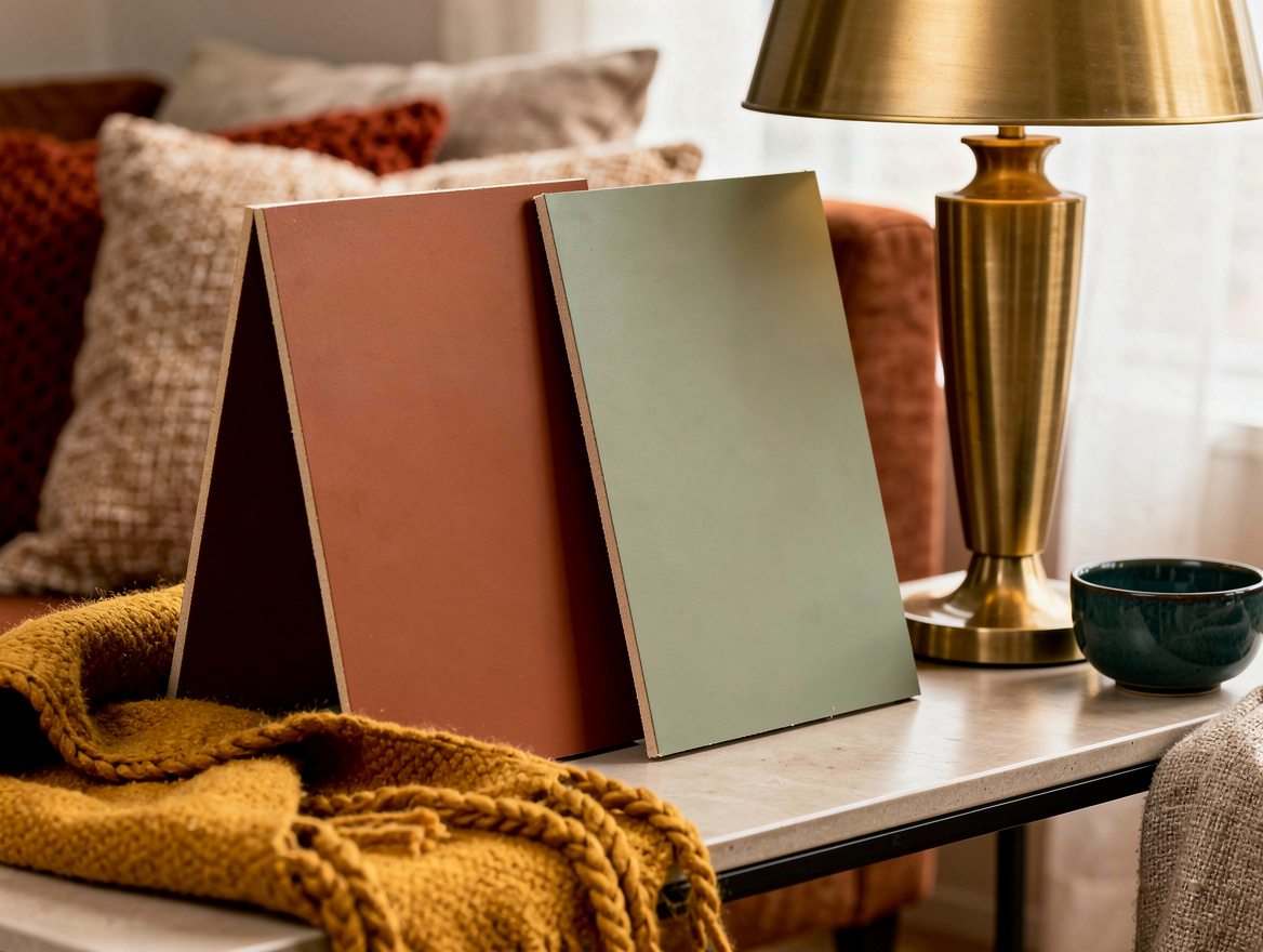 Close-up realistic editorial photo of painted drywall sample boards in matte egg