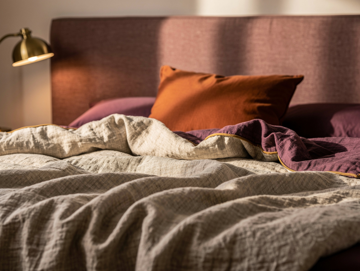 Close-up editorial detail of rumpled oatmeal linen bedding against a muted dusty