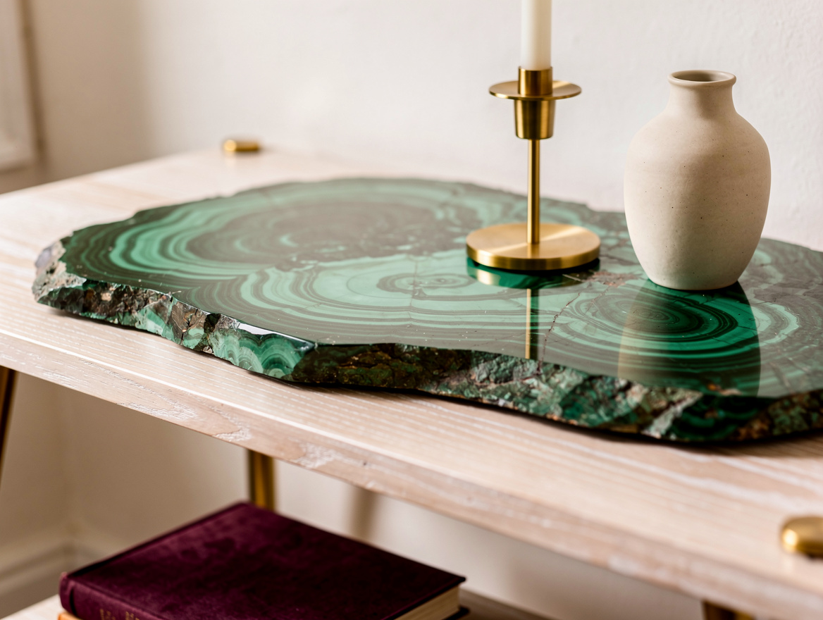 Close detail editorial photograph of a polished natural malachite slab on a warm