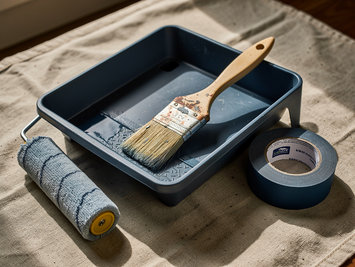 Close detail photo of a 2.5-inch angled paintbrush, 3/8-inch roller cover, paint