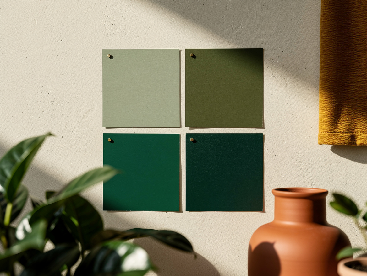close-up detail of a painted wall swatch board showing four green paint samples