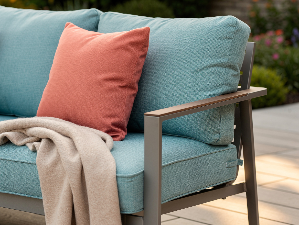 Close-up editorial photo of lagoon-blue outdoor cushions on warm gray aluminum p