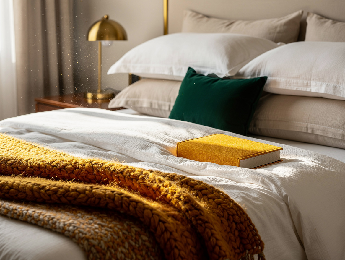 close-up detail of layered white bedding, linen shams in ivory and chunky oatmea