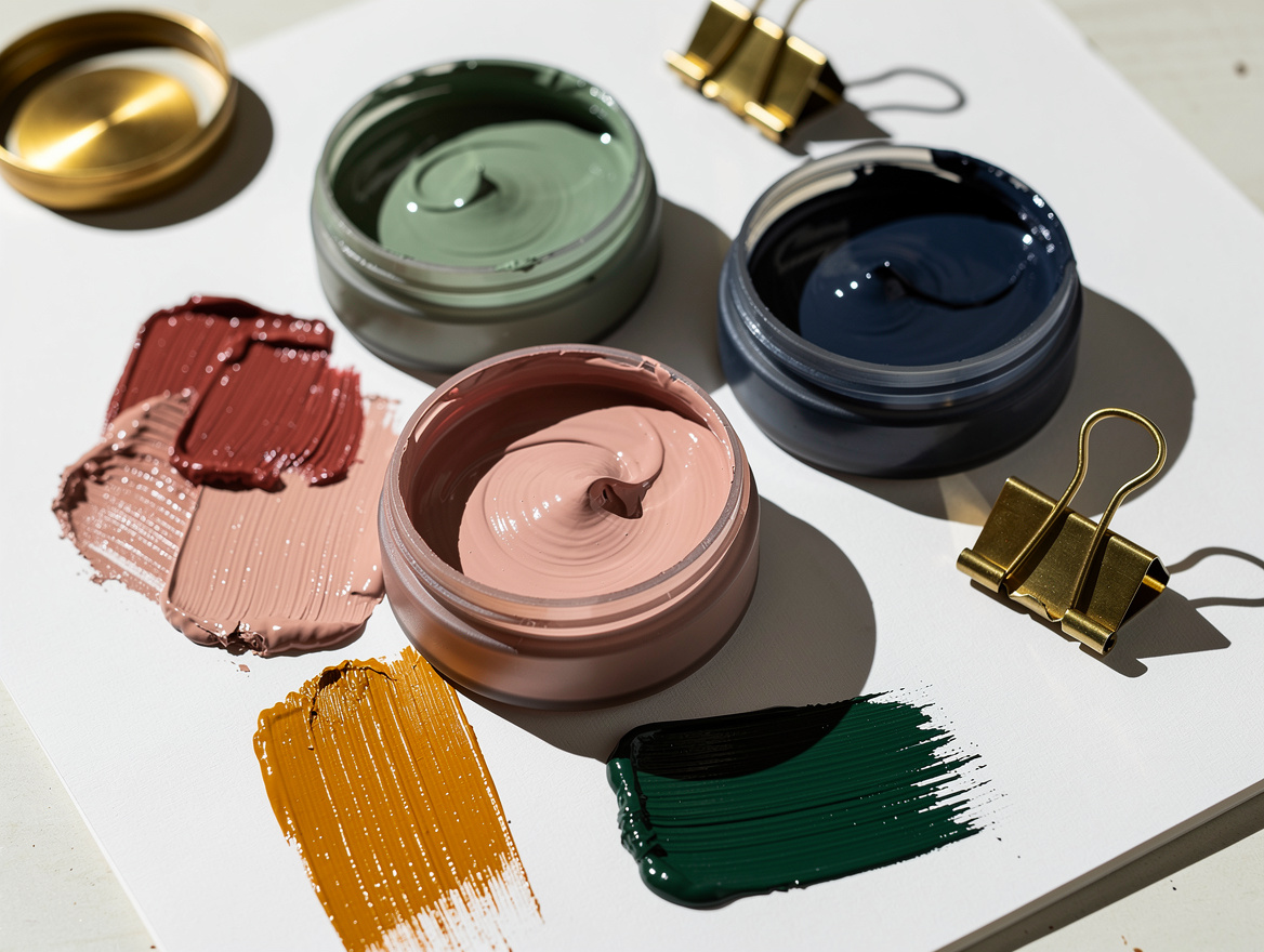 close-up detail of paint sample pots and brush swatches in sage green, dusty pin