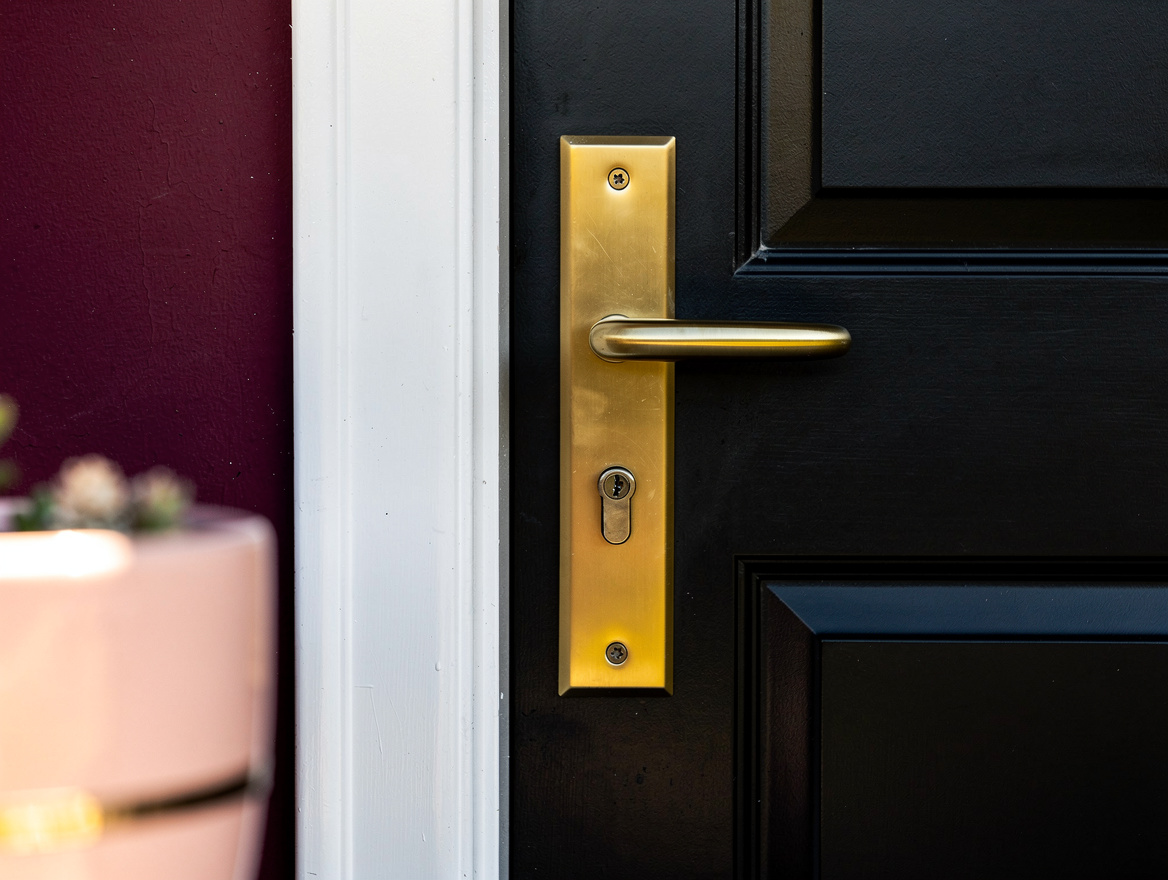 Close-up detail photo of a black front door with brushed brass handle and deadbo