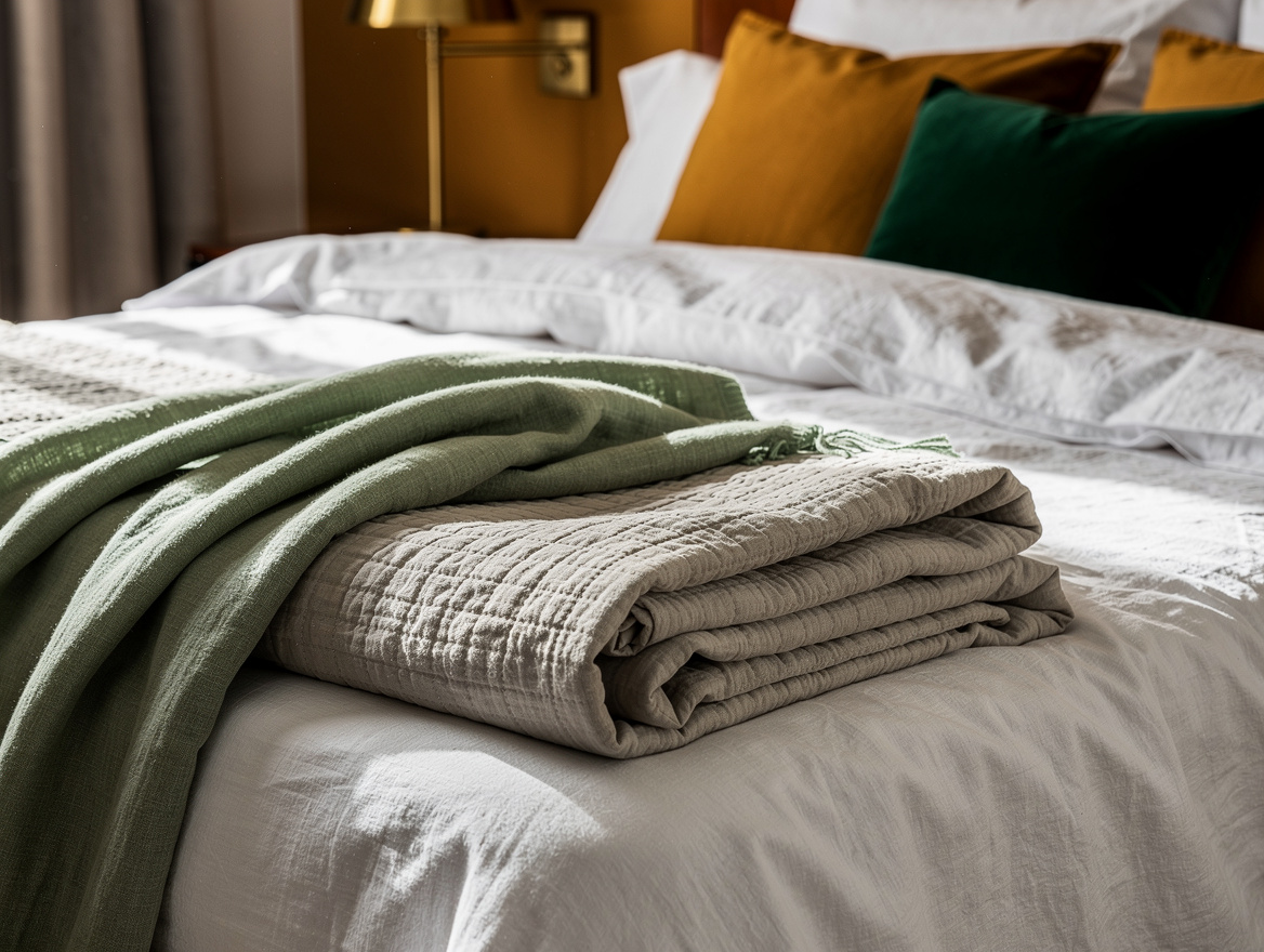 close-up detail of layered white bedding, cotton percale sheets under a wrinkled