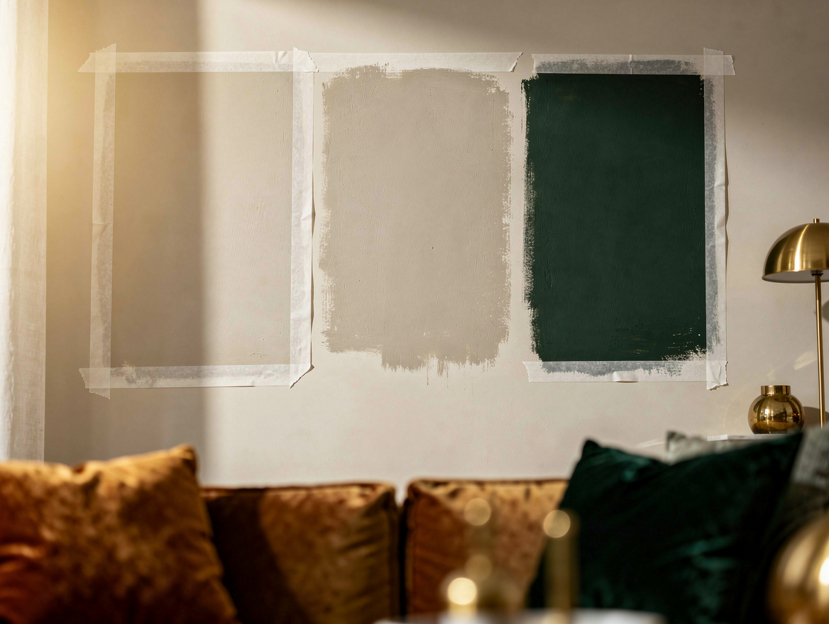 Close-up detail of large painted test patches in three greige tones on a living