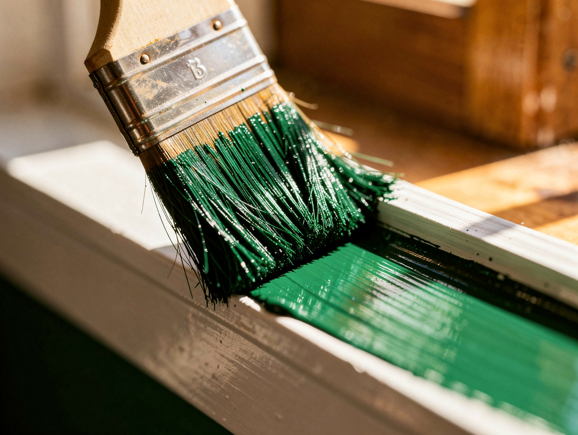 close-up detail photo of an angled sash brush cutting a clean paint line along w