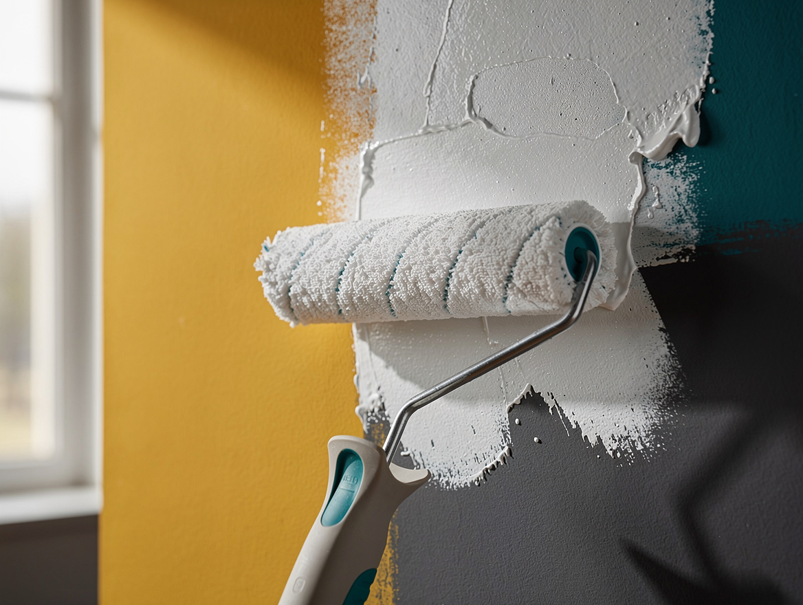 close-up detail shot of a paint roller applying white primer over patched drywal