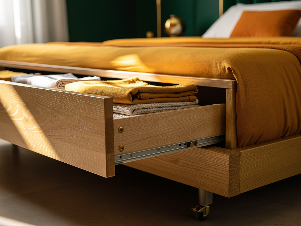 Close detail photo of a smooth oak under-bed drawer on soft casters beside a pla