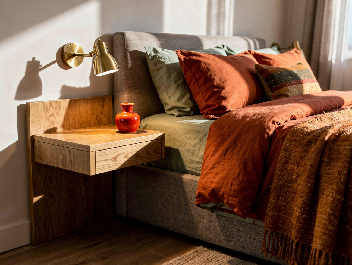 Close detail photograph of a compact queen bedroom, floating oak bedside shelf w