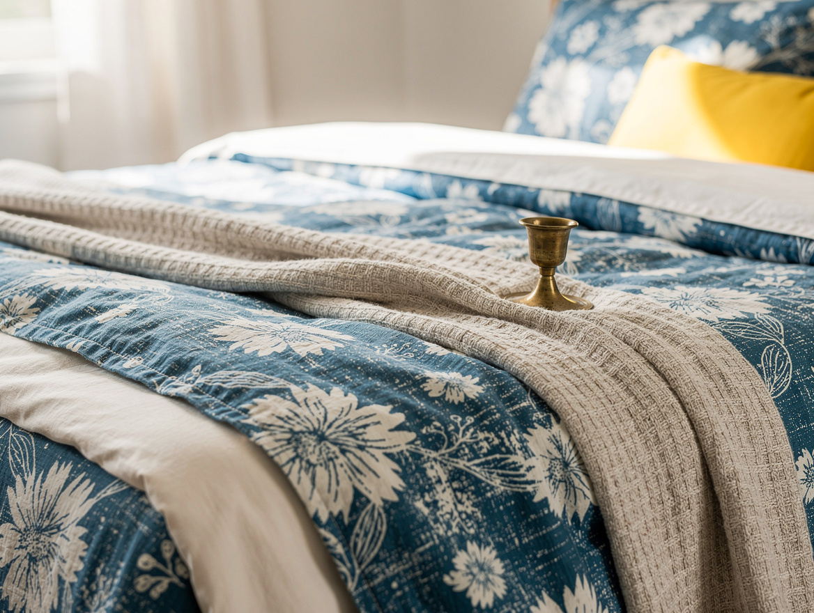 Close detail photo of faded floral bedding layered with cream cotton sheets, a n