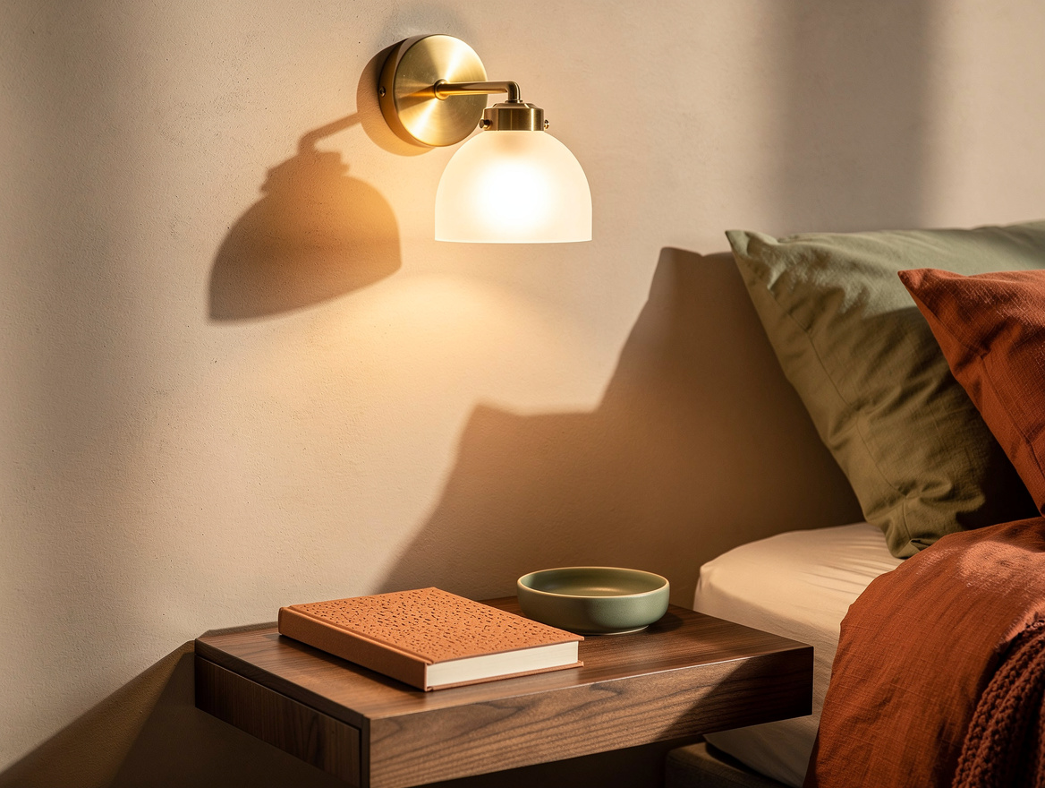 Close detail photo of a brushed brass frosted-glass bedroom sconce above a float