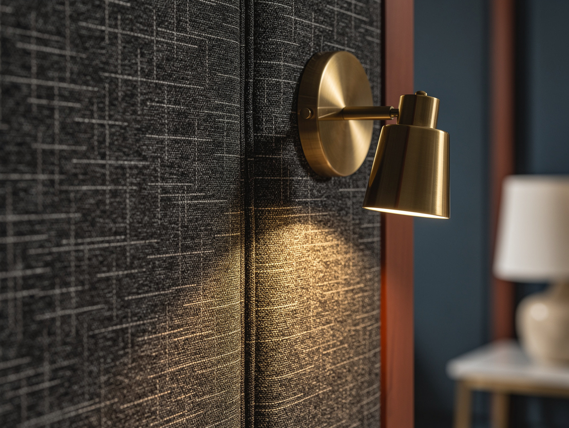 Close detail photo of a hand-free upholstered wall panel installation, textured