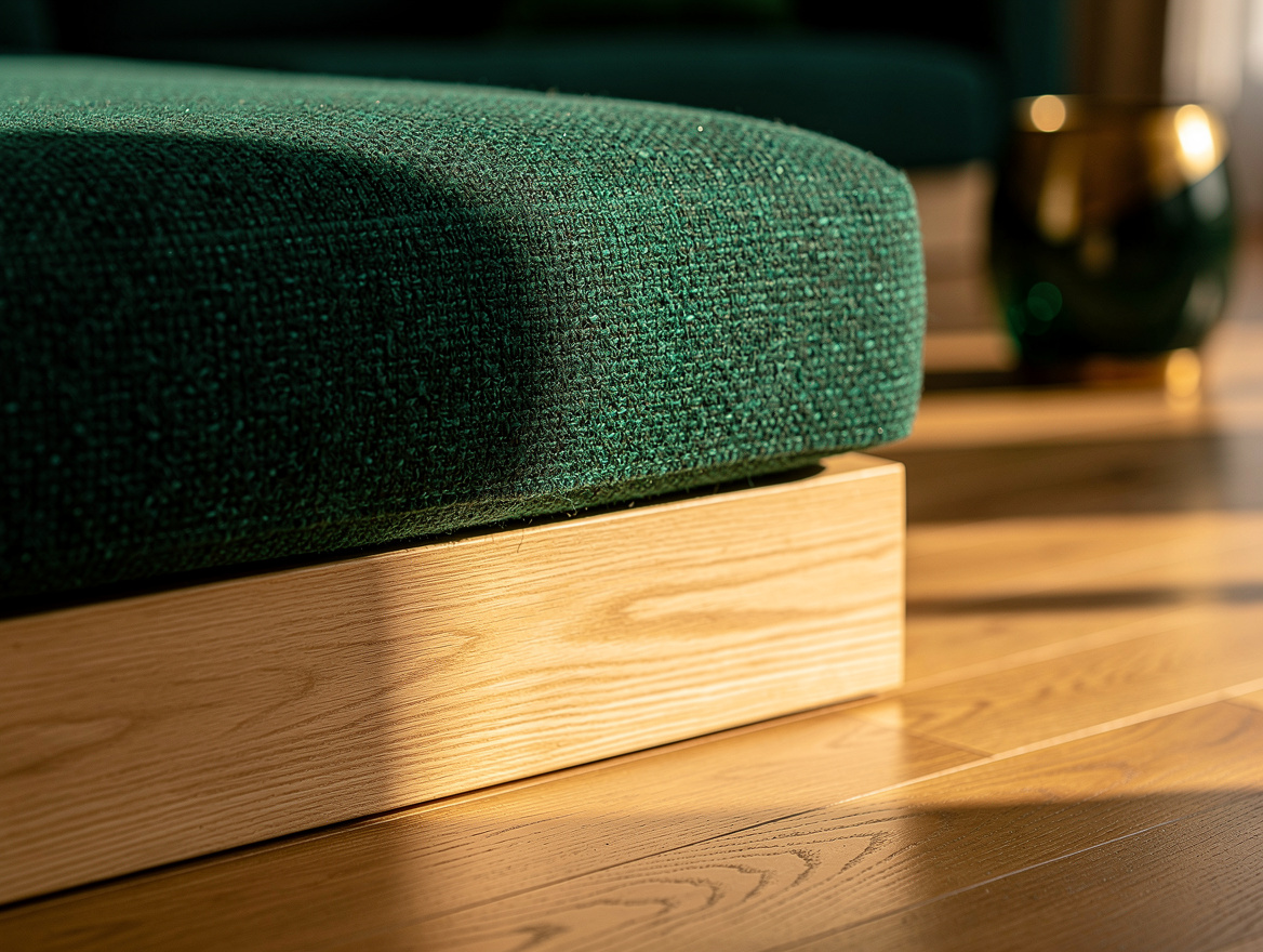 Close-up detail photograph of a bouclé sectional seat cushion edge meeting a pal