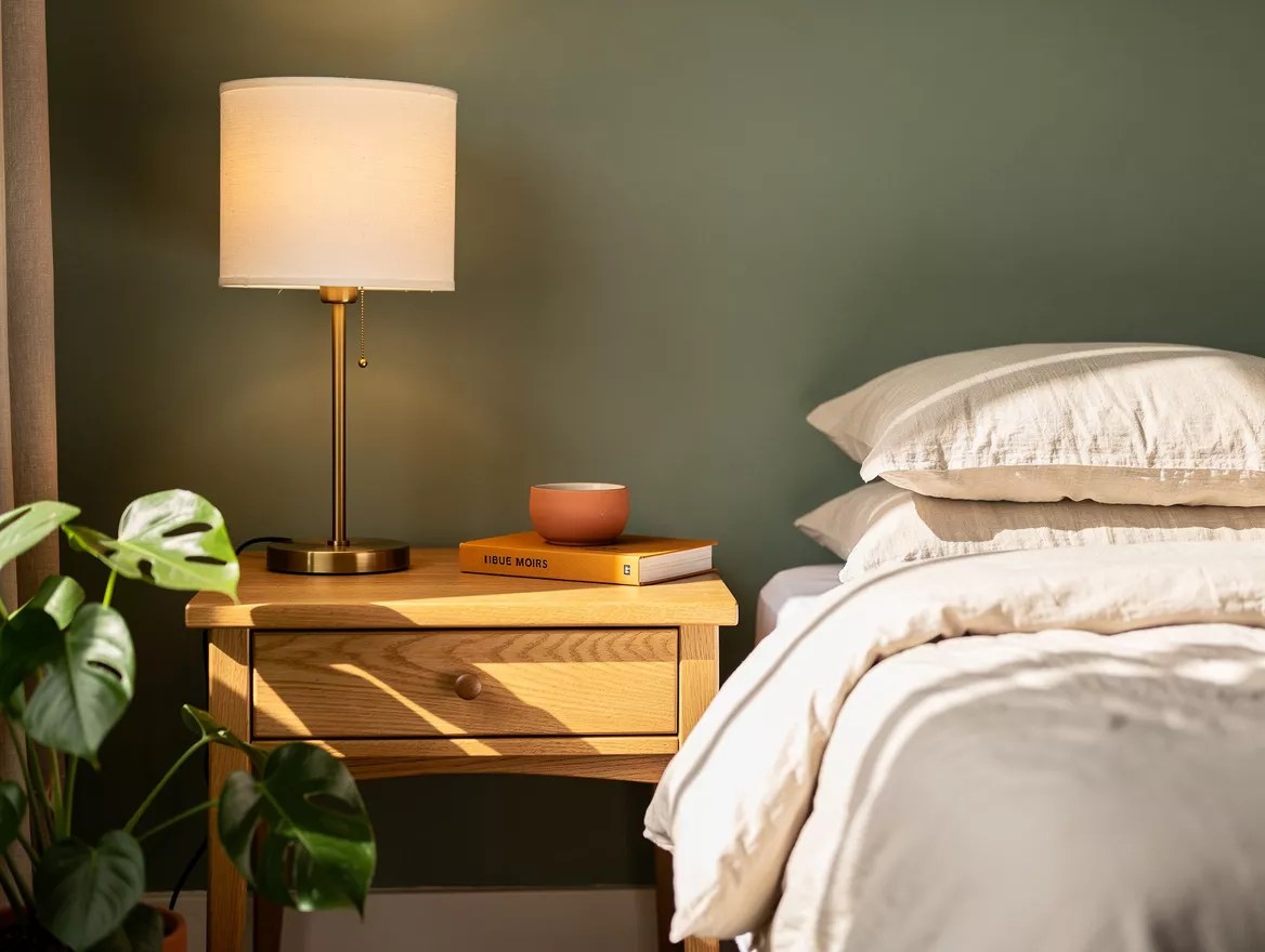 Close detail photo of natural oak nightstand with aged brass lamp, cream linen b