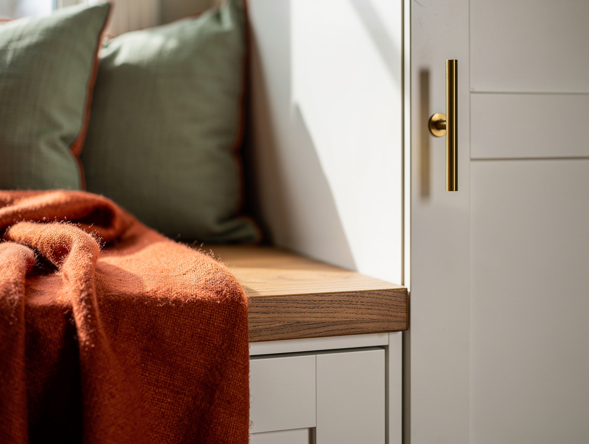 Close detail photo of a warm wood veneer window-seat lid beside white built-in w