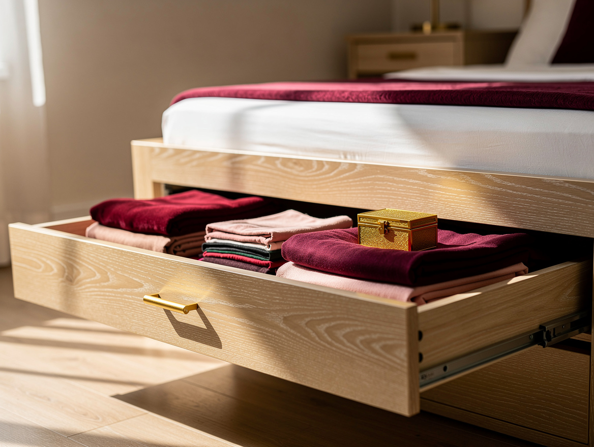 Close detail photograph of under-bed drawer storage beneath a full-size bed in a