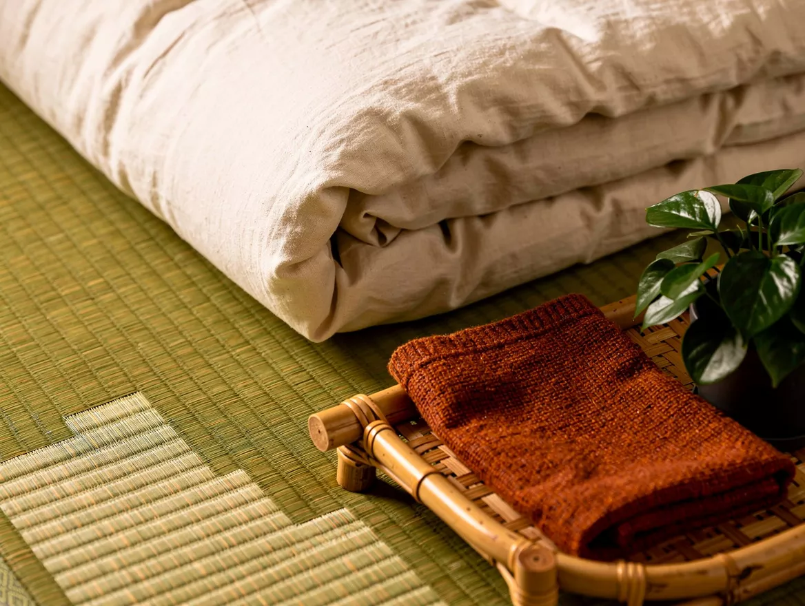 Close detail photo of woven igusa tatami beside folded off-white cotton futon an