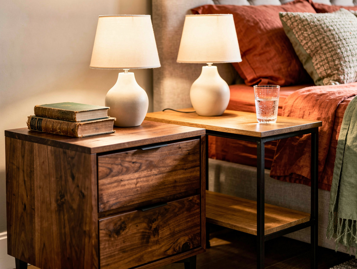 Close detail photo of mismatched bedside tables, walnut drawer cabinet beside oa