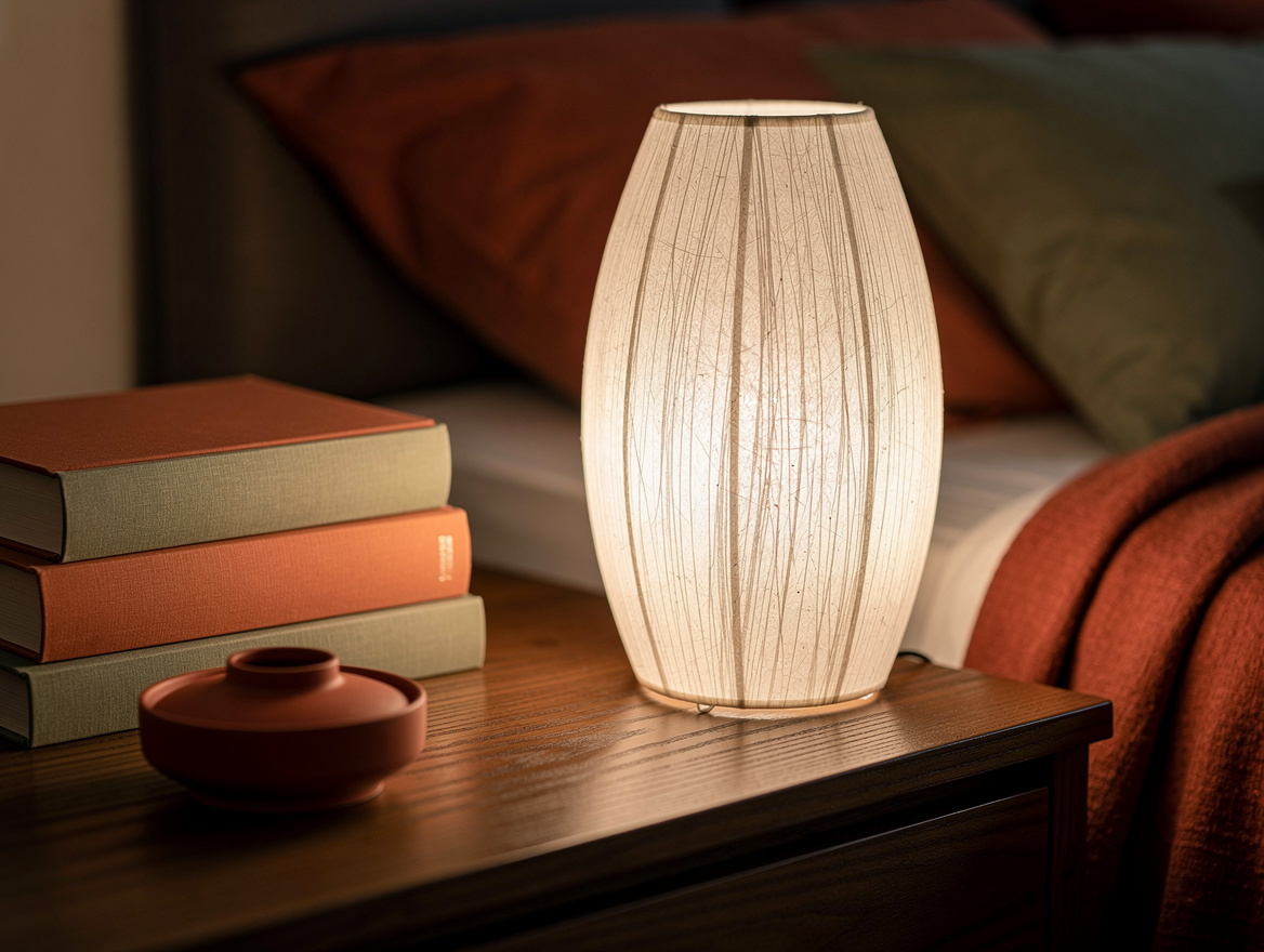 Close-up detail of a rice paper table lamp glowing warm white on a wooden nights