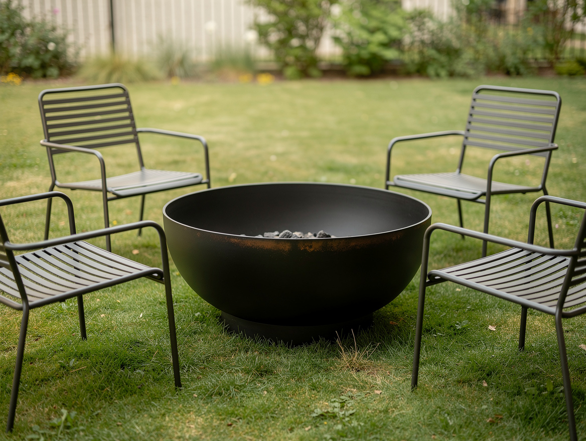 Close-up editorial photo of a 40-inch black steel fire pit with six slim outdoor