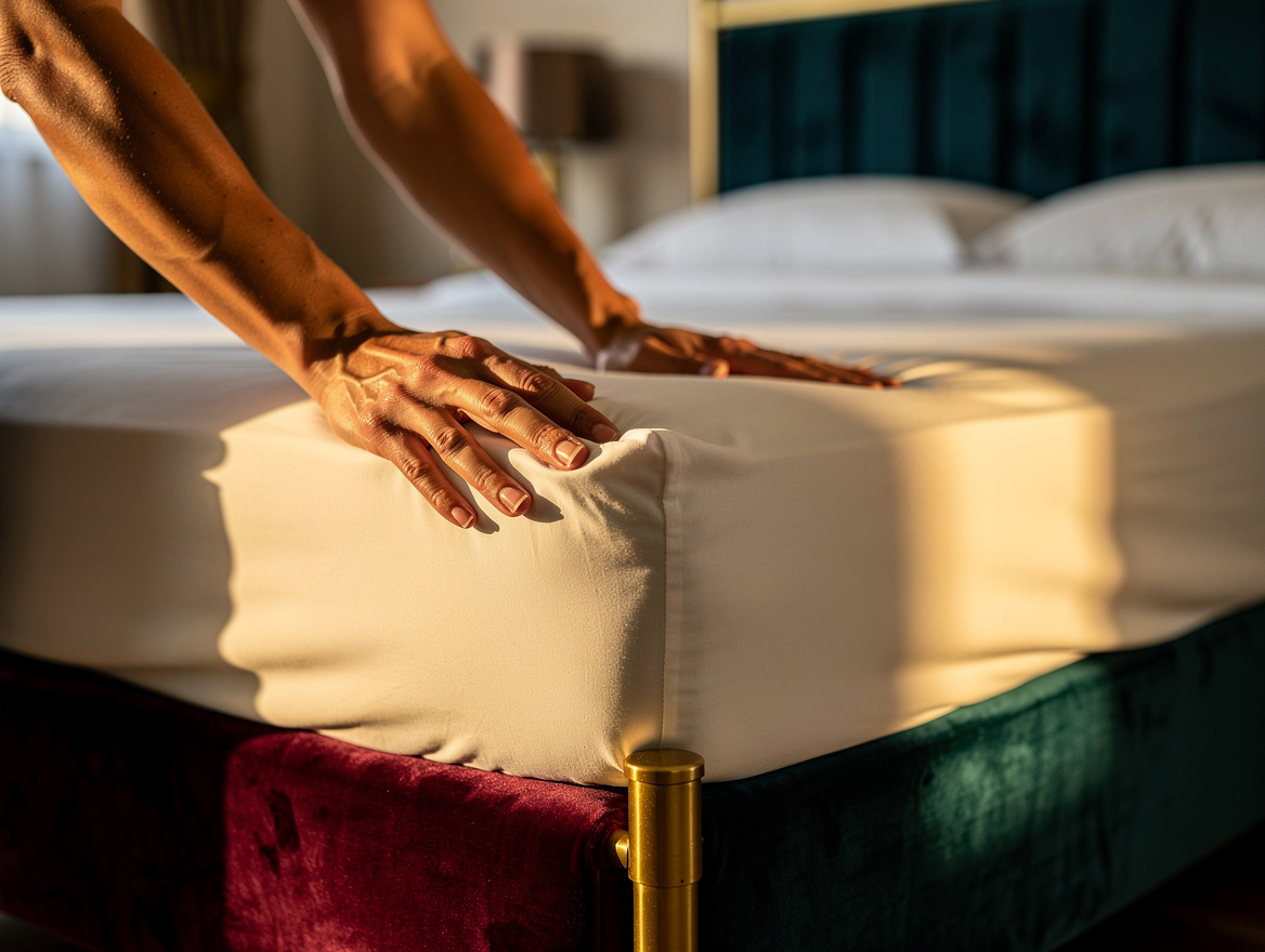 realistic close-up detail photo, hands smoothing a crisp white percale flat shee