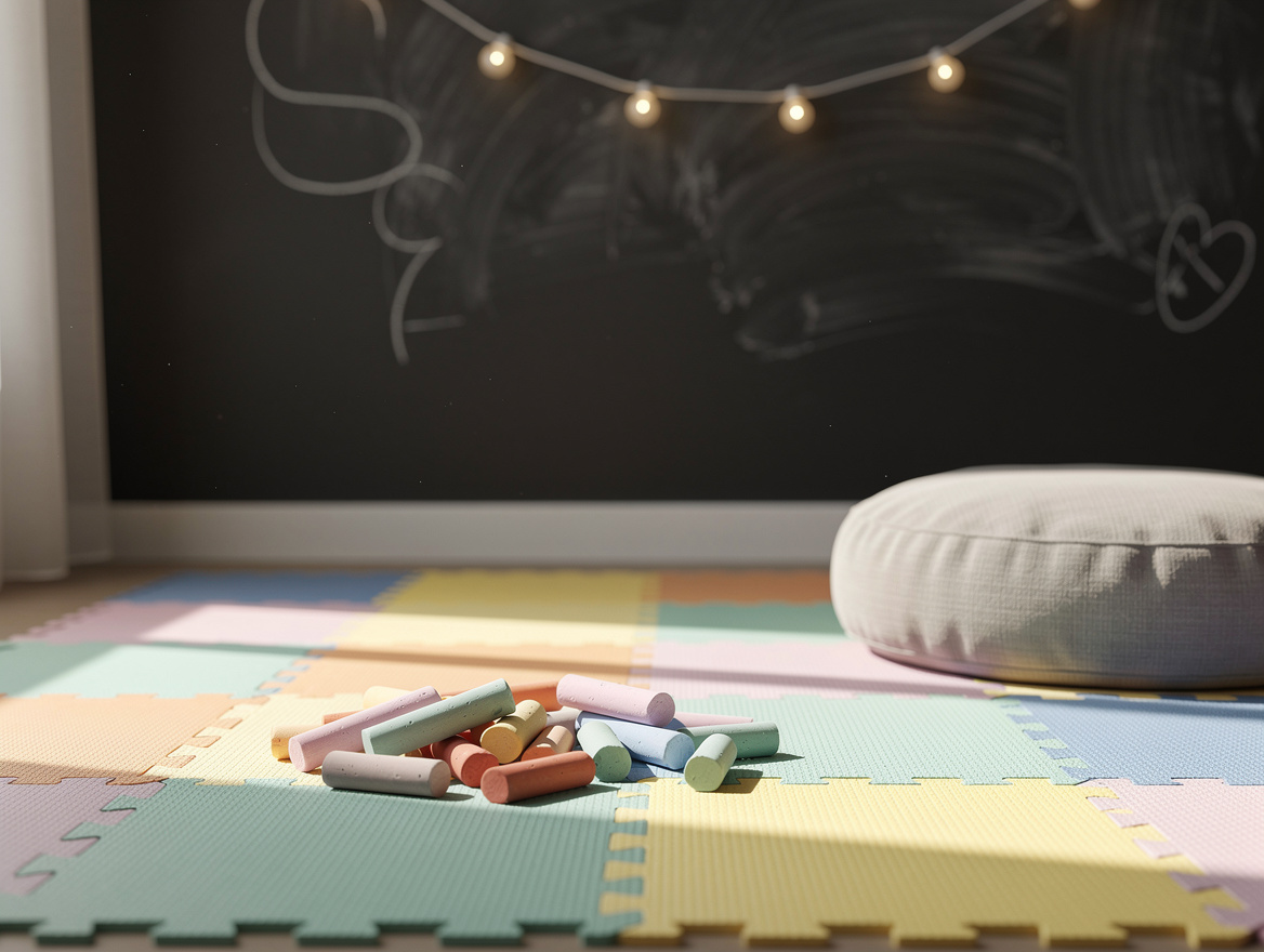 Realistic close-up photo of a chalkboard wall above foam floor tiles with chunky