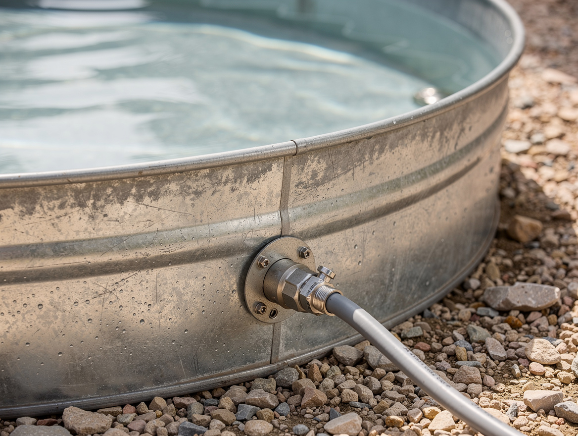 Close-up editorial photo of galvanized stock tank pool edge with clear water, bu
