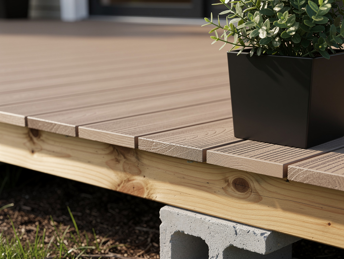 Close-up editorial detail of composite deck boards, pressure-treated frame, deck