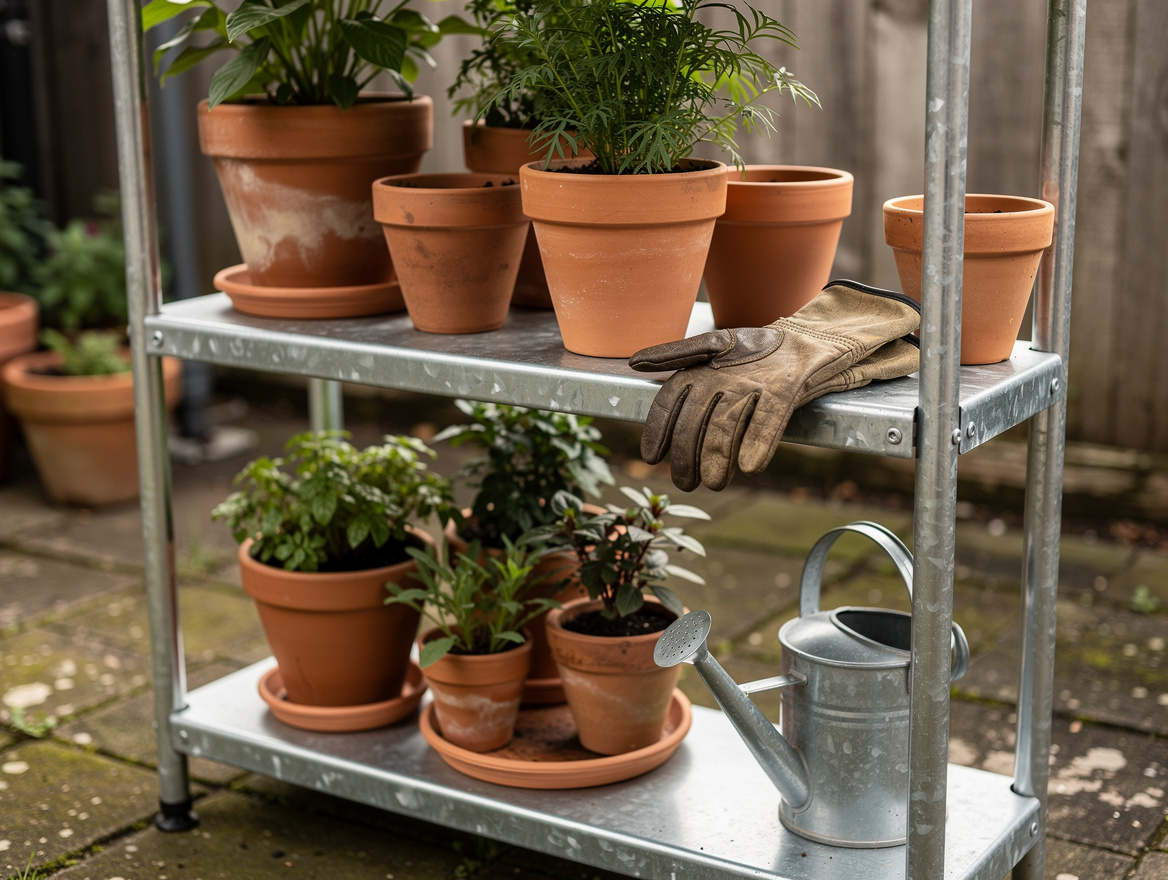 Close-up editorial photo of galvanized steel outdoor shelving with terracotta po