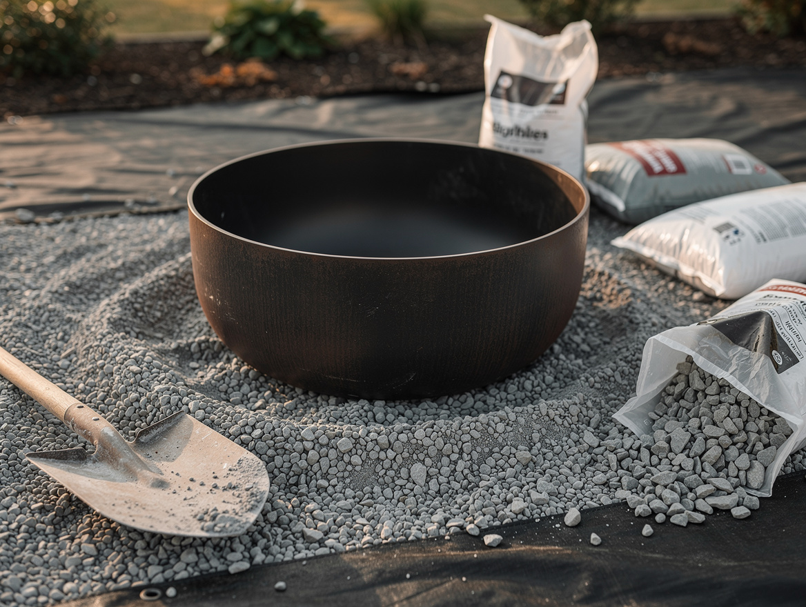 Close-up editorial photo of a 24-inch steel firepit centered on pea gravel over