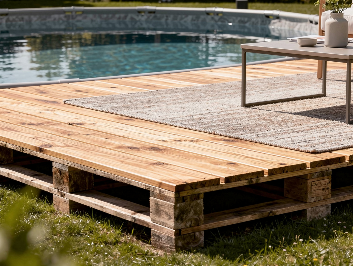 Close-up editorial photo of a DIY pallet platform beside an above-ground pool, s