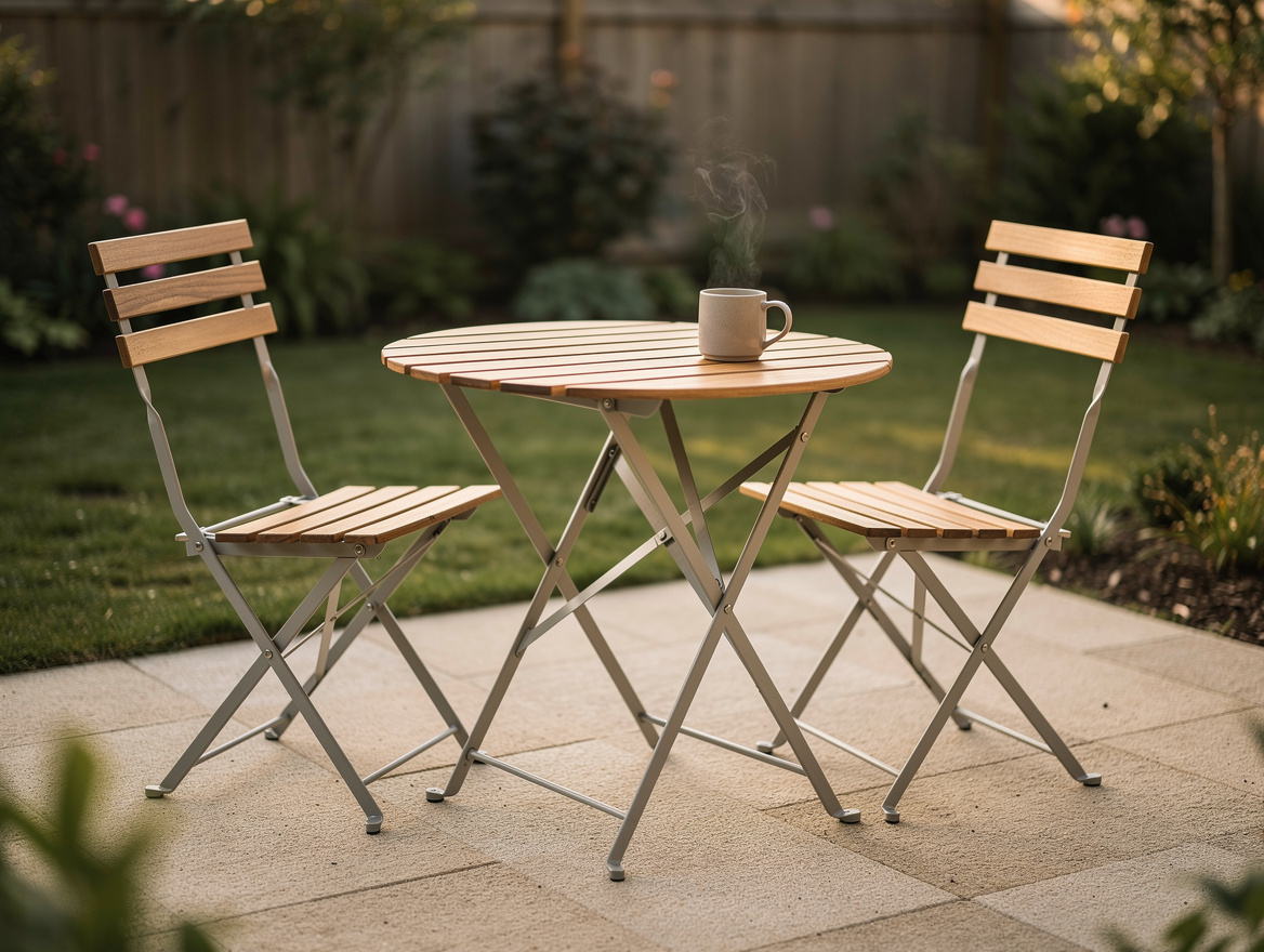 Close-up editorial photo of a folding IKEA-style bistro set on a small backyard
