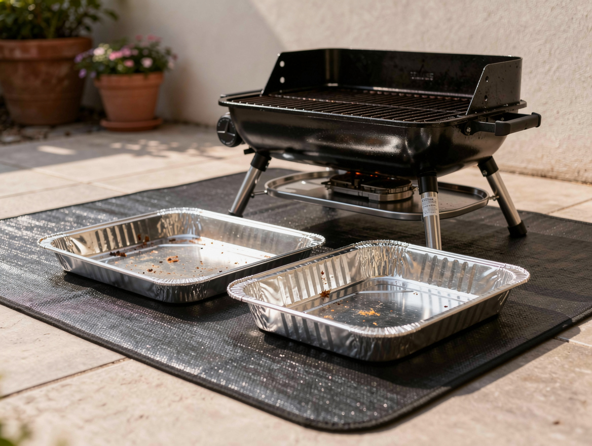 Close-up editorial photo of a fireproof grill mat under a compact portable grill