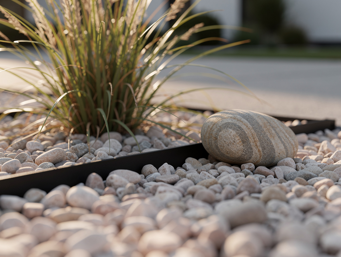 Close-up editorial garden photo of pale pea gravel meeting clean no-dig edging,