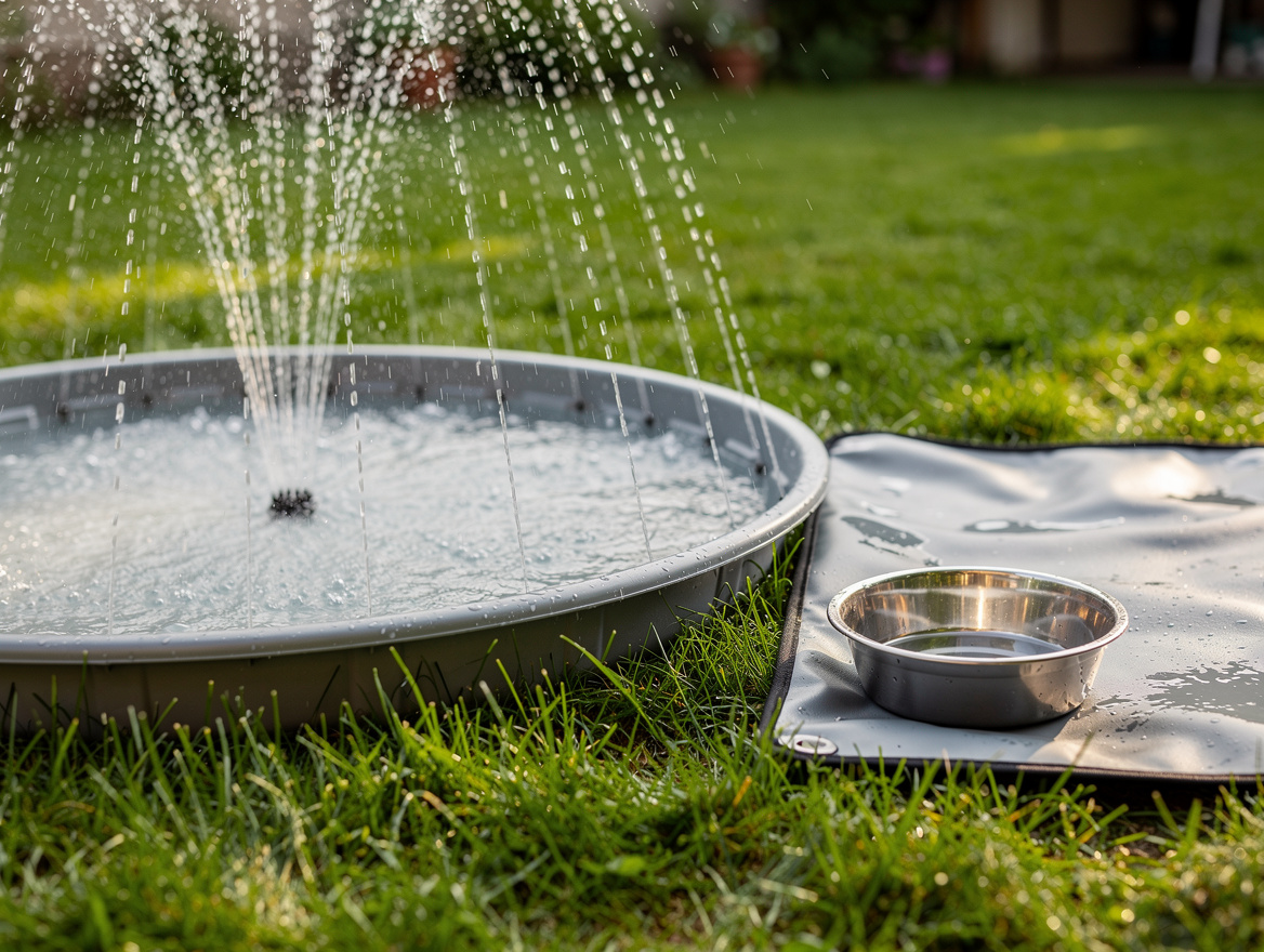Close-up editorial photo of a shallow PVC splash pad spraying water over green g