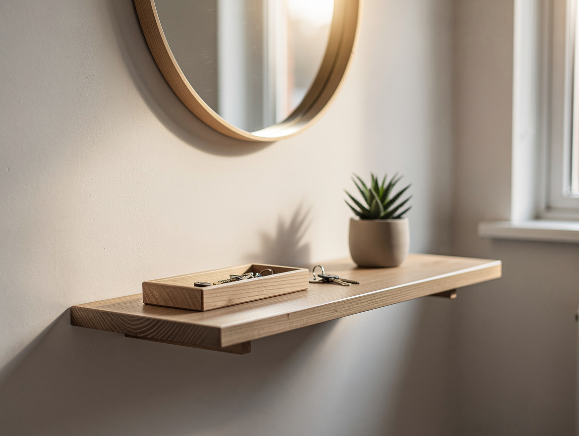 Close-up editorial photo of a slim floating shelf in a small entryway, keys tray