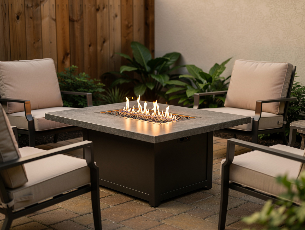 Close-up editorial photo of a compact rectangular propane fire table with warm s