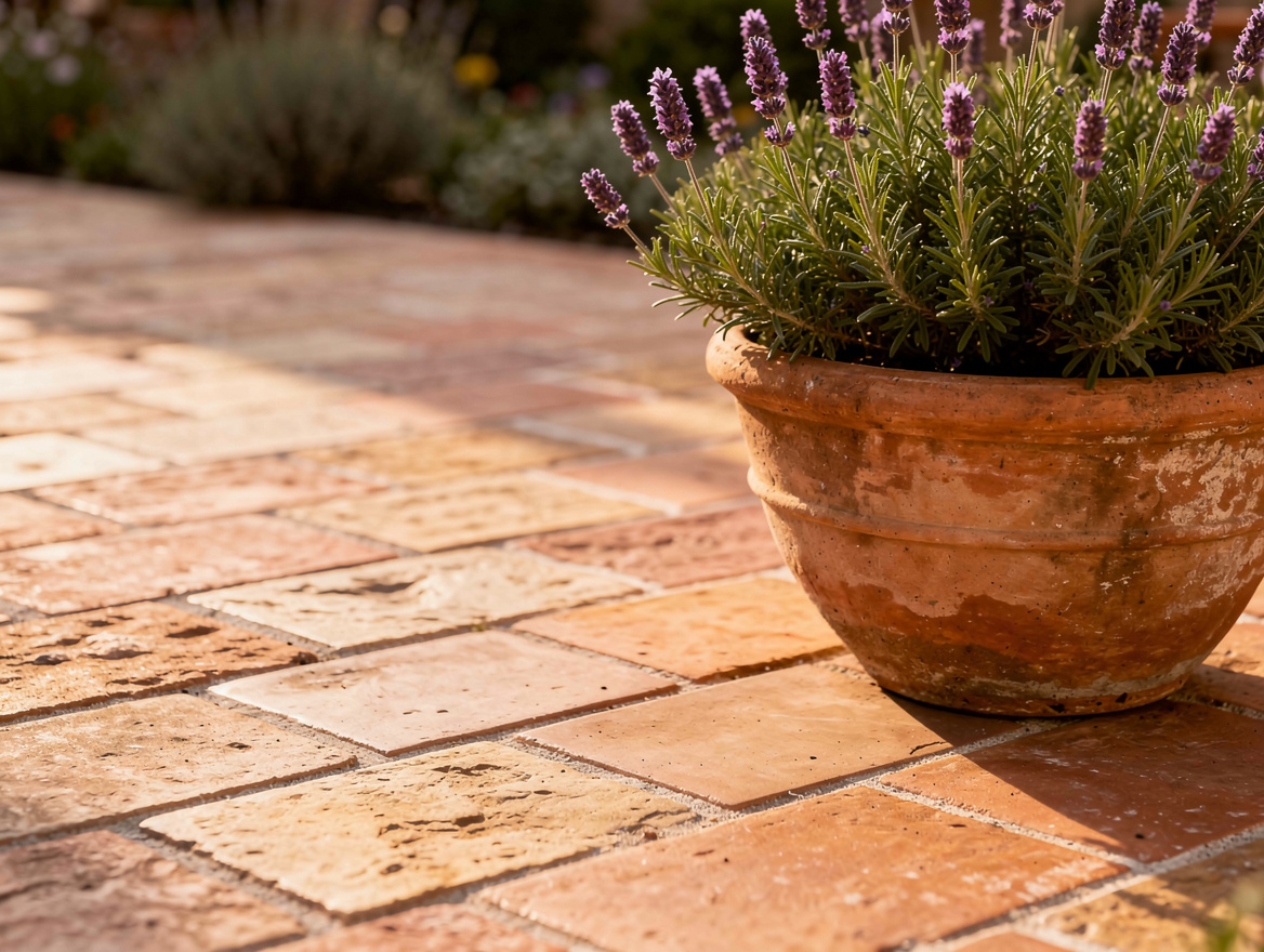 Close-up editorial photo of terracotta-look outdoor pavers beside a large clay p