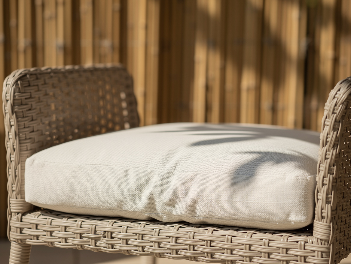 Close-up editorial photo of a pale outdoor cushion on a resin wicker chair under