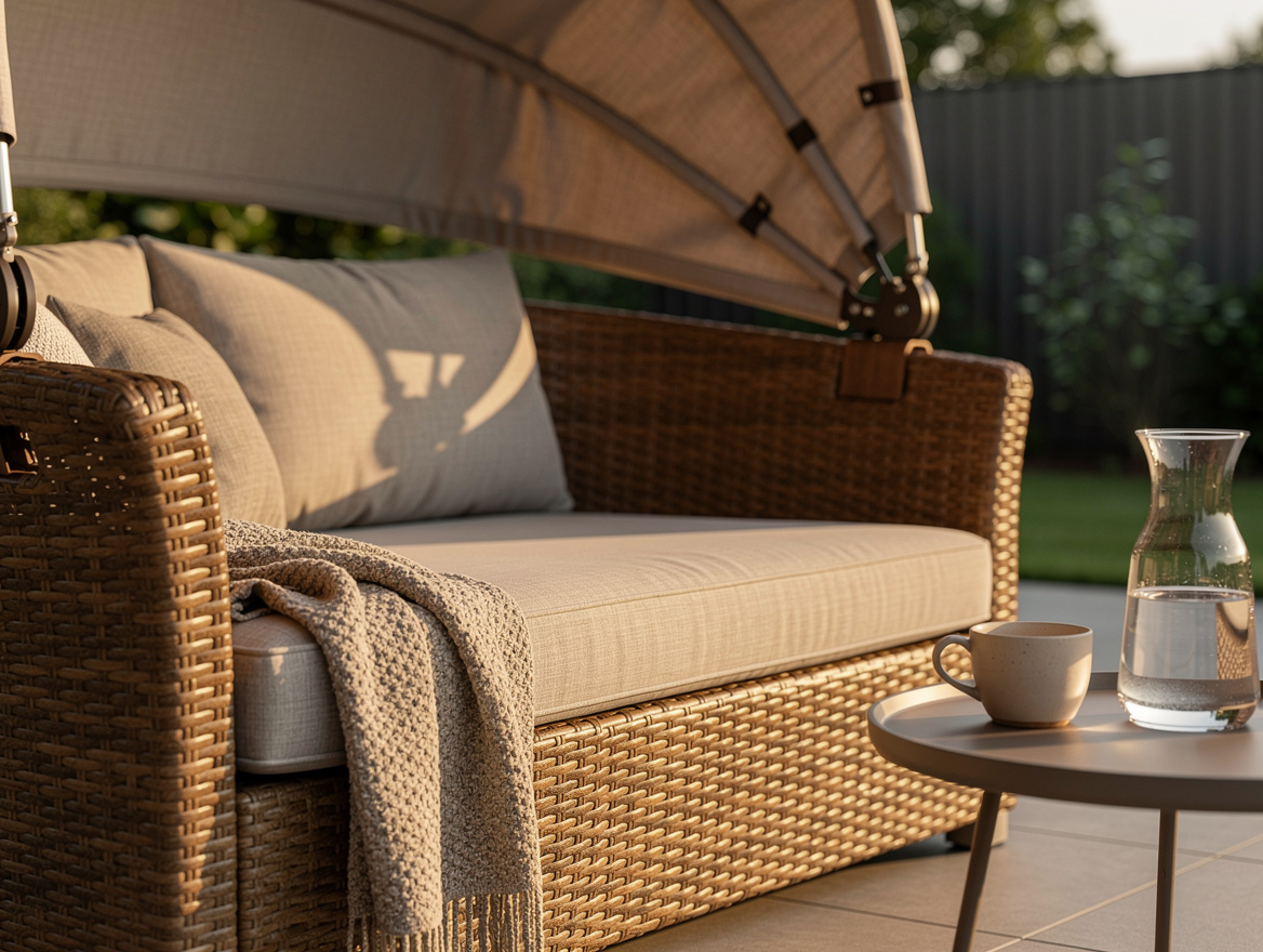 Close-up editorial detail of an outdoor wicker daybed with retractable canopy, n