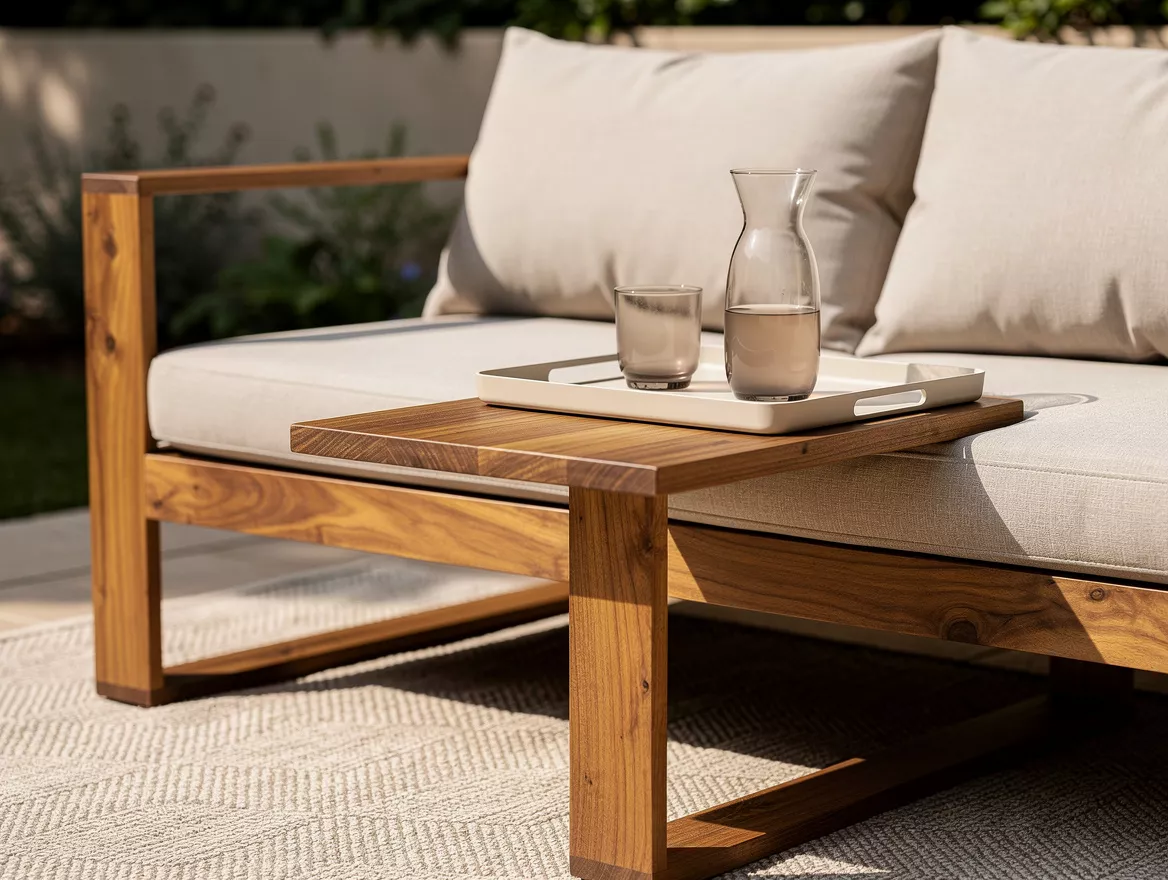 Close-up editorial photo of a compact outdoor lounge corner with acacia wood sea