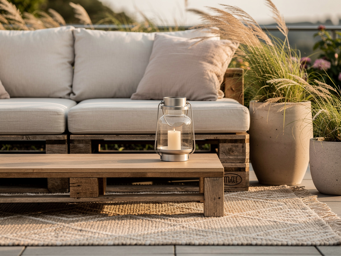 Close-up editorial photo of pallet seating with neutral outdoor cushions, textur