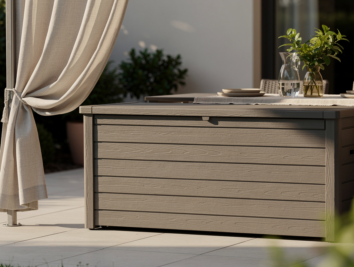 Close-up editorial detail of a wood-look resin deck box on a patio hiding recycl