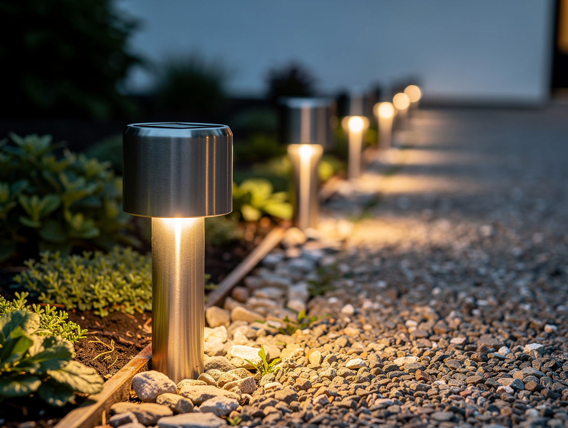Close-up editorial photo of stainless steel solar stake lights bordering a grave