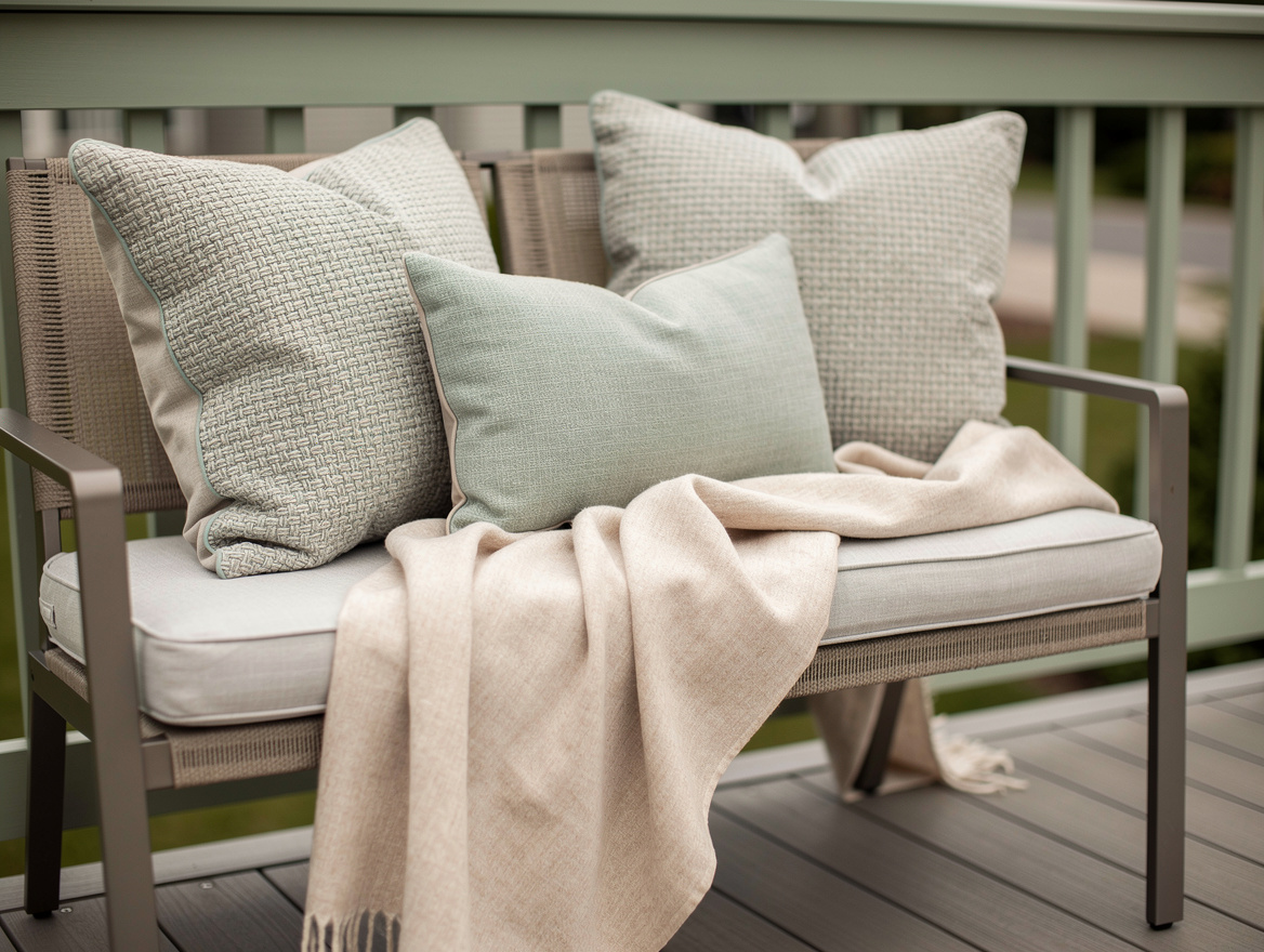 Close-up editorial photo of woven outdoor pillows and a light throw on a compact